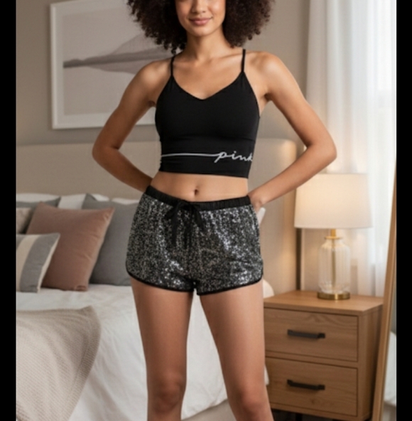 PINK Victoria's Secret Other - 2 PC Set SEAMLESS SPORTS BRA XS & BLING SEQUIN SHORTS SM Lounge Queen